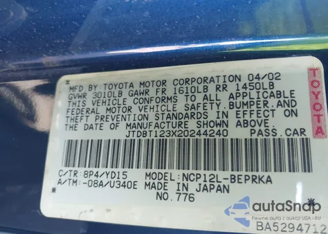 2002 Toyota Echo z USA, uszkodzony, nr VIN JTDBT123X20244240